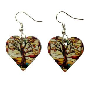 Tree Heart Shaped Dangle Earrings, Stained Glass Style Resin, Multicolor